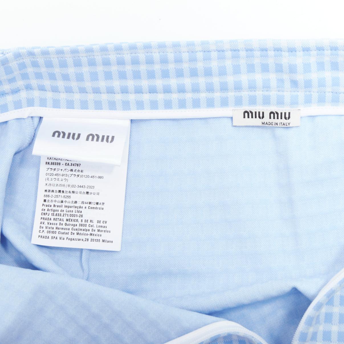 MIU MIU 2019 blue white gingham seersucker scallop trim buttons mini skirt XS 3