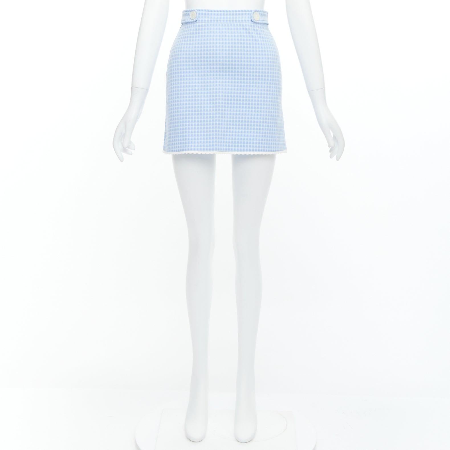 MIU MIU 2019 blue white gingham seersucker scallop trim buttons mini skirt XS 4