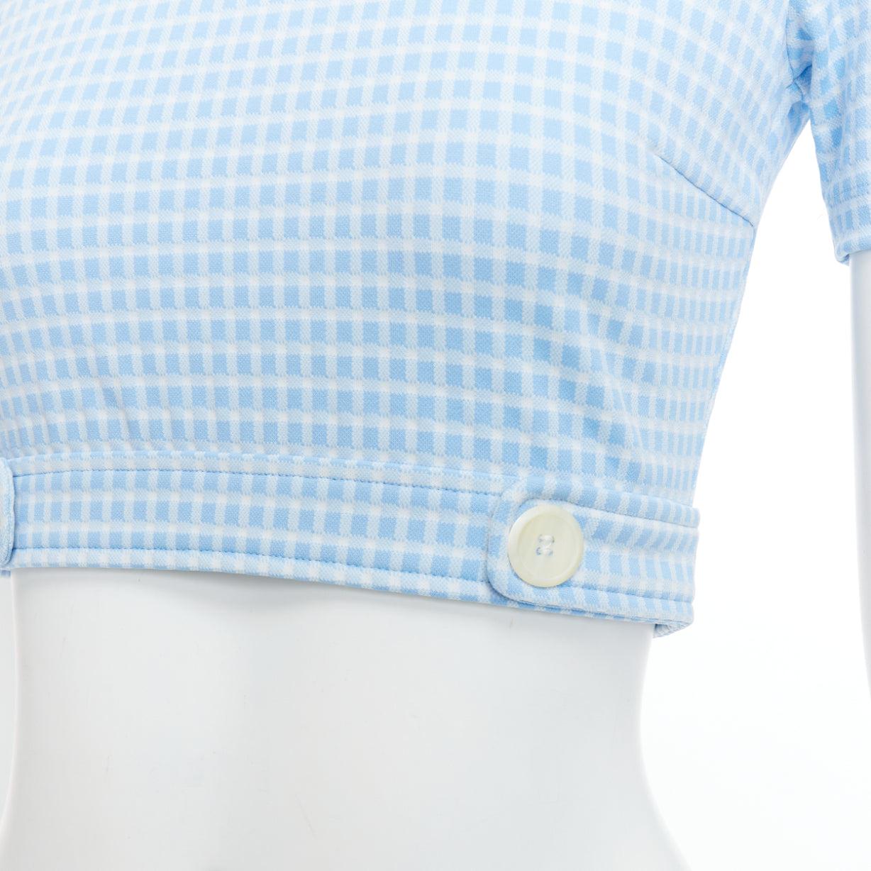 MIU MIU 2019 blue white gingham seersucker scalloped crop top XS
Reference: YIKK/A00115
Brand: Miu Miu
Designer: Miuccia Prada
Collection: 2019
Material: Polyamide, Blend
Color: Blue, White
Pattern: Gingham
Closure: Button
Lining: Blue Fabric
Extra