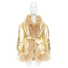 MIU MIU 2019 gold lambskin brown mohair shaggy fur collar robe coat IT36 XXS