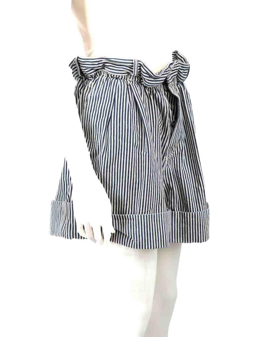 CONDITION is Very good. Minimal wear to shorts is evident. Minimal wear to the rear left pocket with discoloured marks on this used Miu Miu designer resale item.
 
 
 
 Details
 
 
 2019
 
 Navy
 
 Cotton
 
 Shorts
 
 Striped pattern
 
 Elasticated