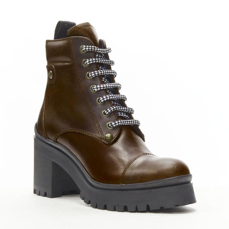 MIU MIU 2019 Vintage brushed brown leather block heel Alpine boots EU36.5
Reference: TGAS/C01343
Brand: Miu Miu
Designer: Miuccia Prada
Model: 5T201C
Material: Leather, Rubber
Color: Brown, Black
Pattern: Solid
Closure: Lace Up
Lining: 