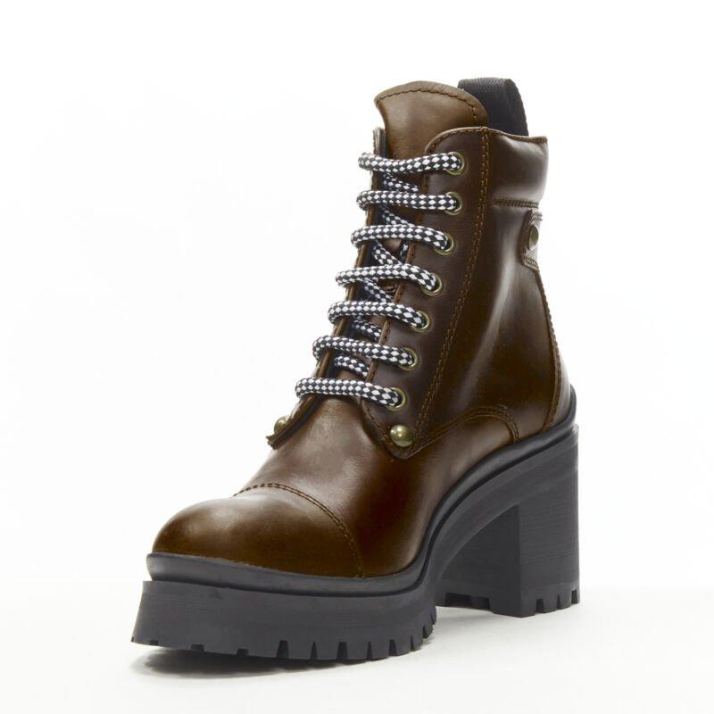 MIU MIU 2019 Vintage brushed brown leather block heel Alpine boots EU36.5 In New Condition In Hong Kong, NT