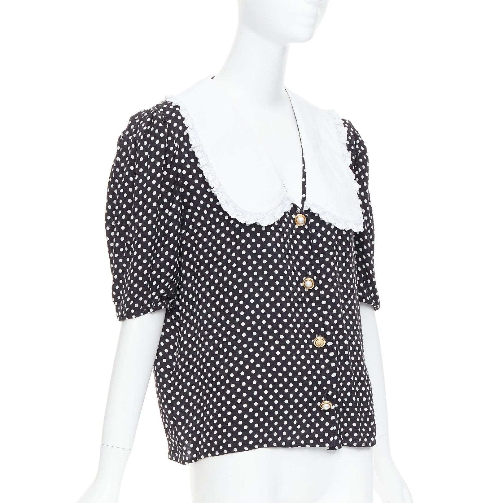 Gray MIU MIU 2021 black white silk cotton trim polka dot vintage blouse IT42 M For Sale