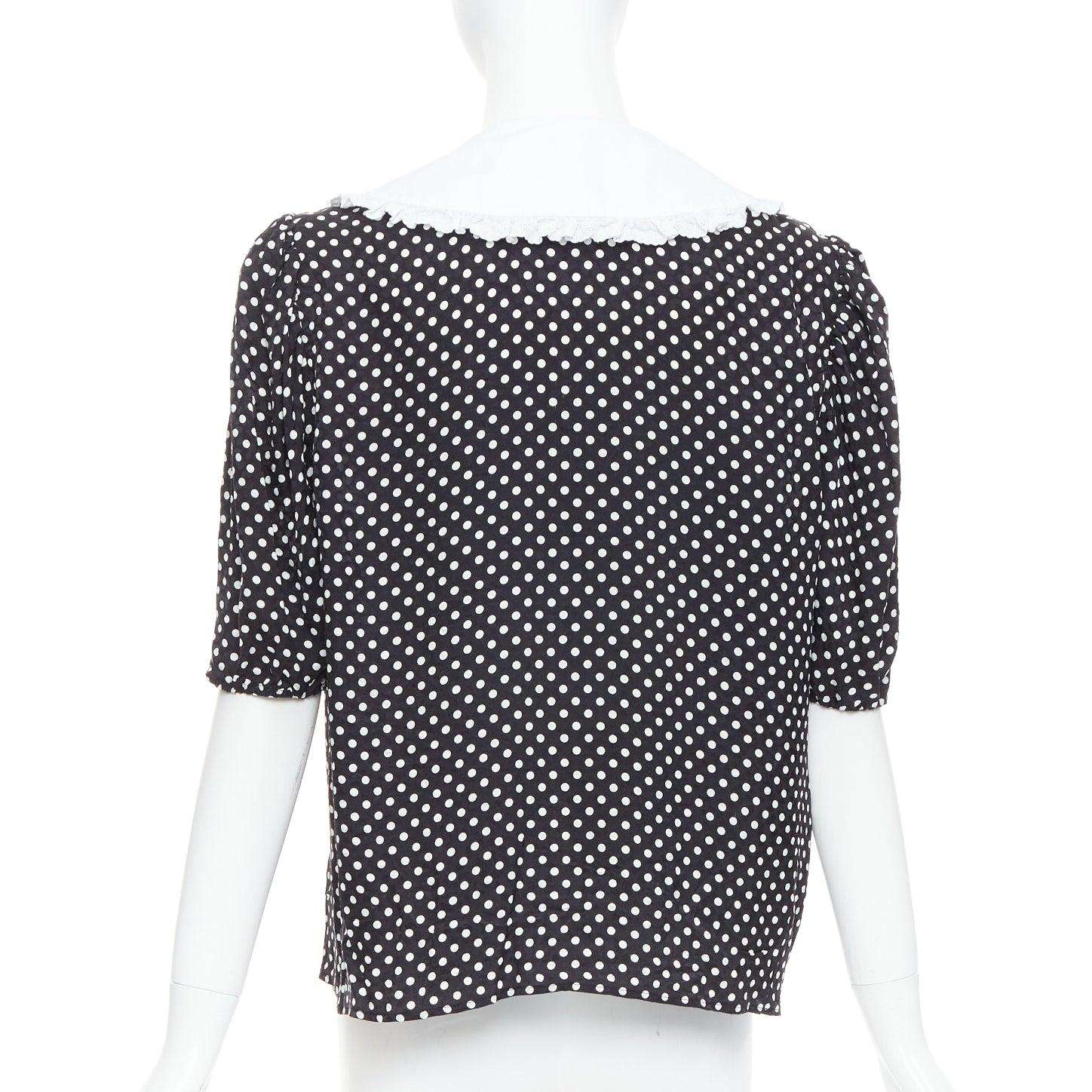 Women's MIU MIU 2021 black white silk cotton trim polka dot vintage blouse IT42 M For Sale