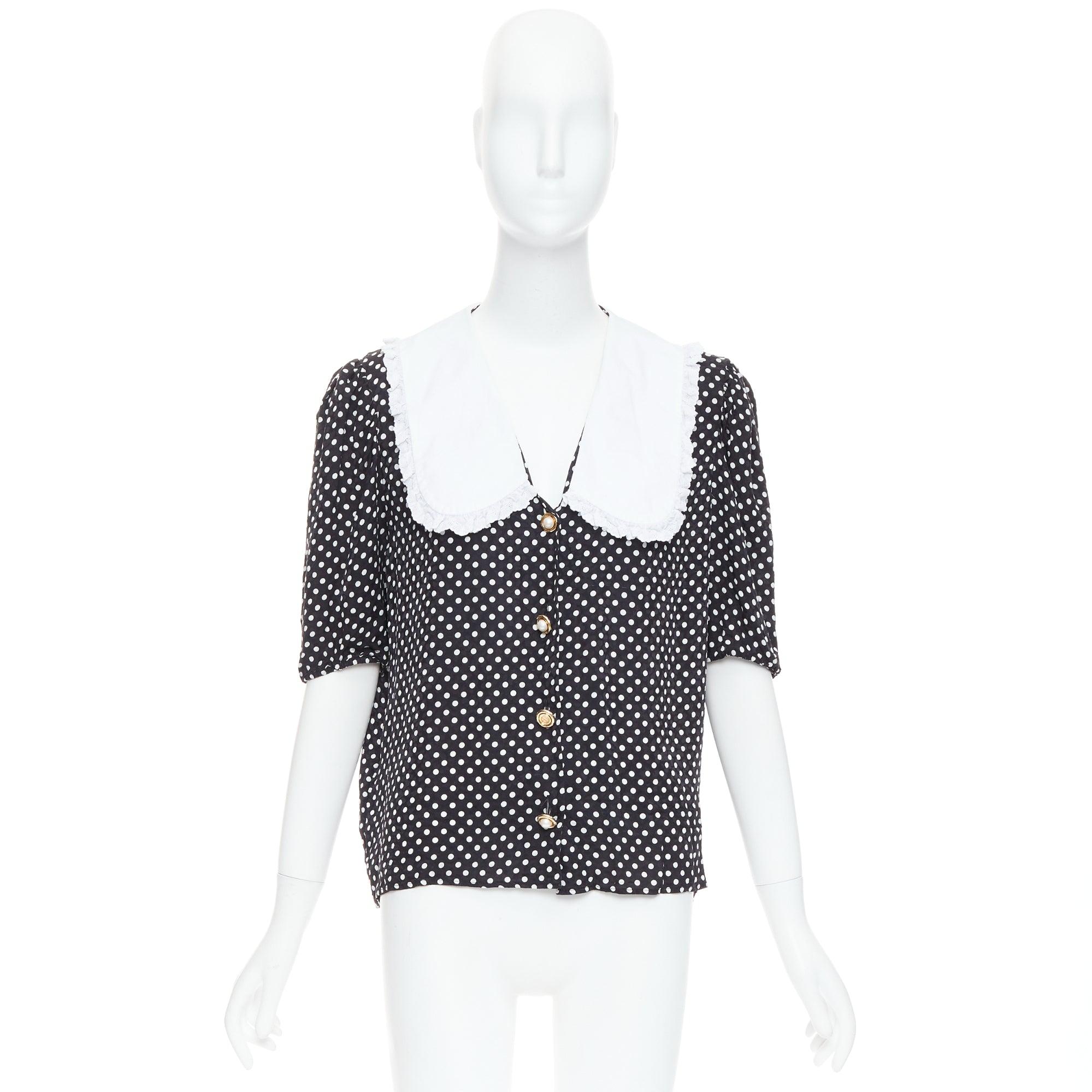 MIU MIU 2021 black white silk cotton trim polka dot vintage blouse IT42 M For Sale 4