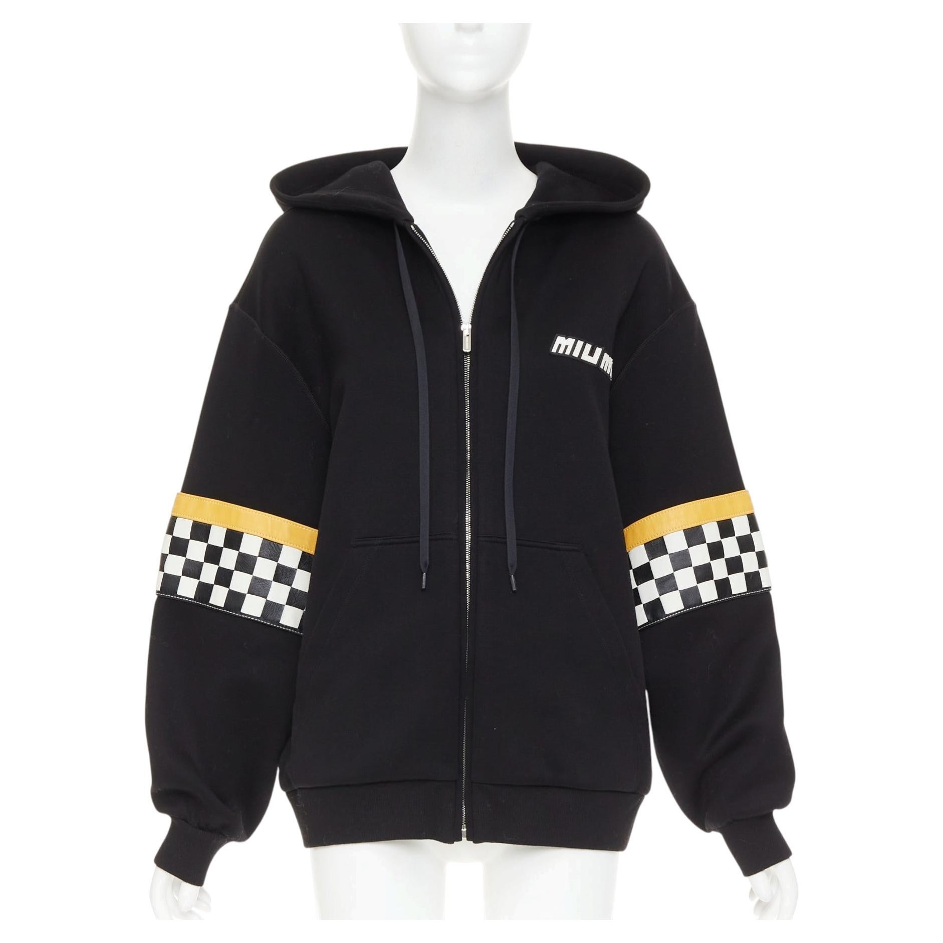Pre-owned Miuccia Prada Miu Miu 2021 Cotton Checkerboard Woven Leather Sleeves Race Car Zip Hoodie S In Black
