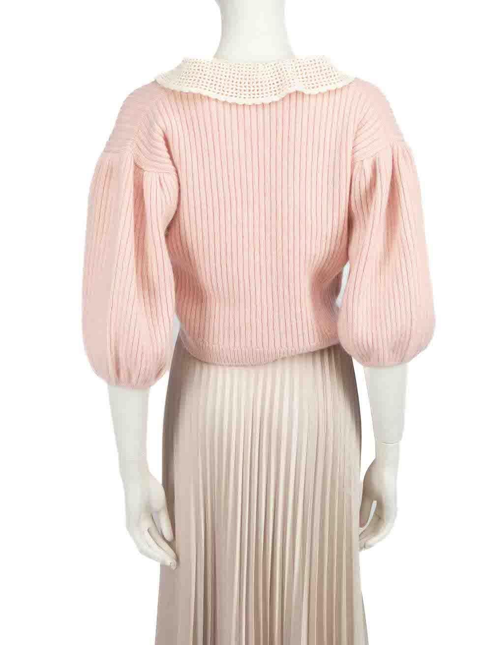 Miu Miu 2021 Pink Cashmere Knit Crochet Collar Cardigan Size S In New Condition For Sale In London, GB