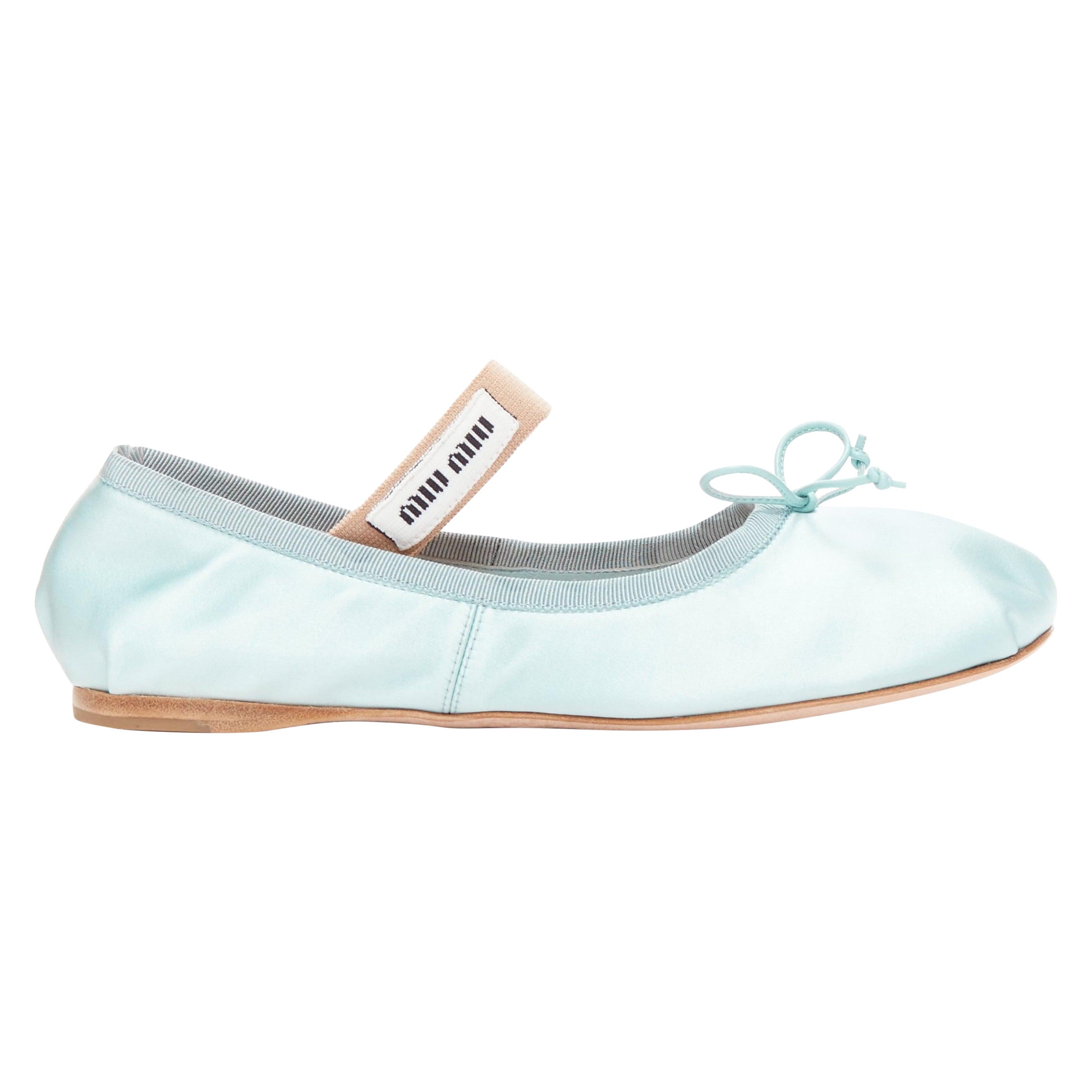 MIU MIU 2022 Runway satin fabric nude white badge Maryjane ballet flats EU37
