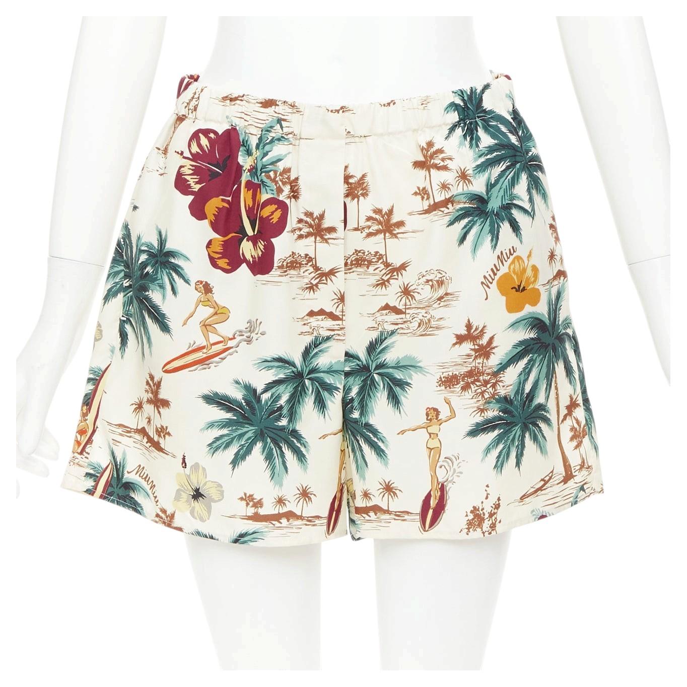 MIU MIU 2023 100% silk multicolor cream Hawaiian Surfer boxer shorts Sz1 XS