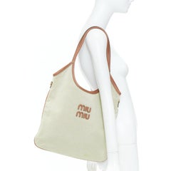 MIU MIU 2023 beige canvas brandy brown leather trim shoulder shopping tote bag