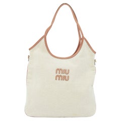 MIU MIU 2023 beige canvas brandy brown leather trim shoulder shopping tote bag