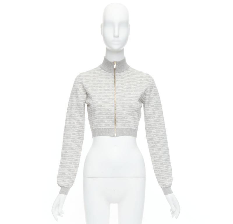 MIU MIU 2023 grey cotton blend logo jacquard zip front cropped jacket IT38 XS 5