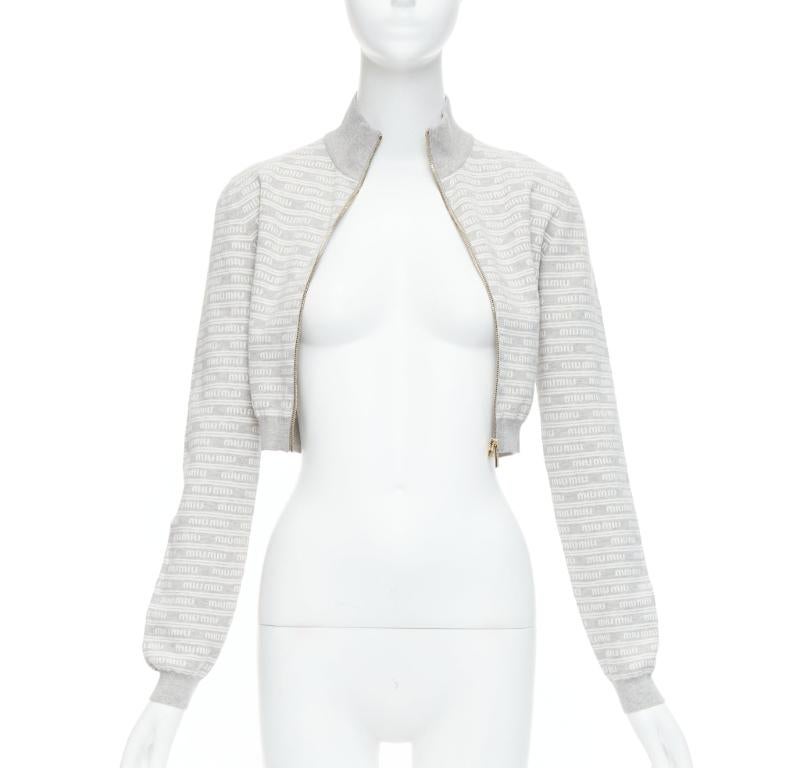 Gray MIU MIU 2023 grey cotton blend logo jacquard zip front cropped jacket IT38 XS