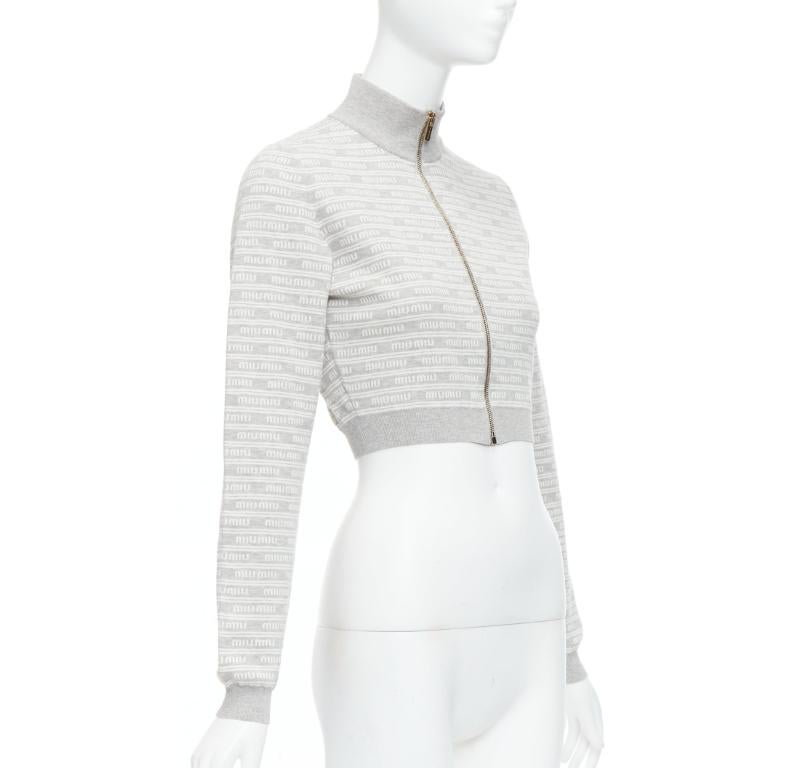 MIU MIU 2023 grey cotton blend logo jacquard zip front cropped jacket IT38 XS In Excellent Condition In Hong Kong, NT