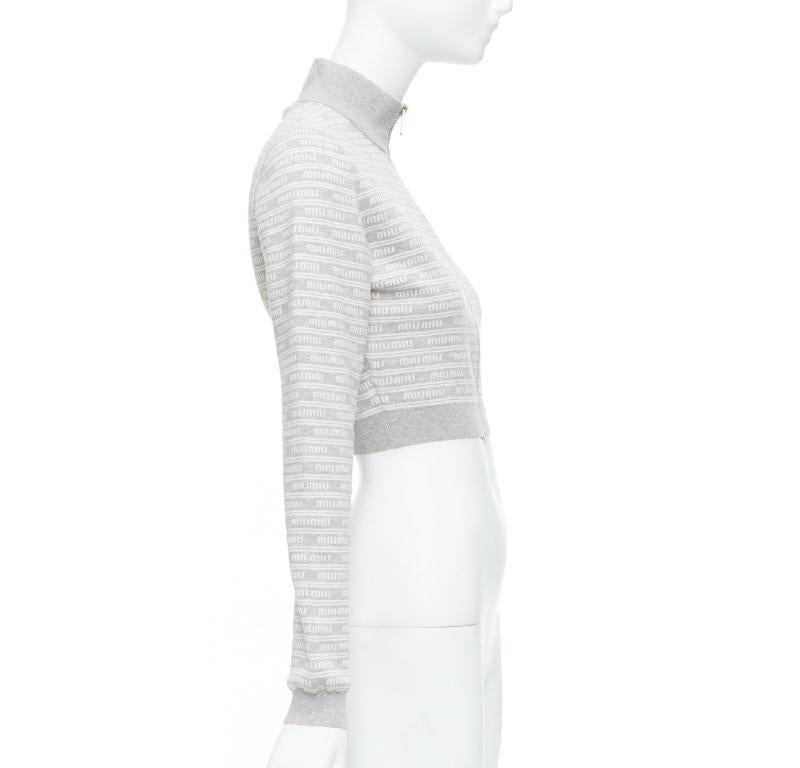 Women's MIU MIU 2023 grey cotton blend logo jacquard zip front cropped jacket IT38 XS