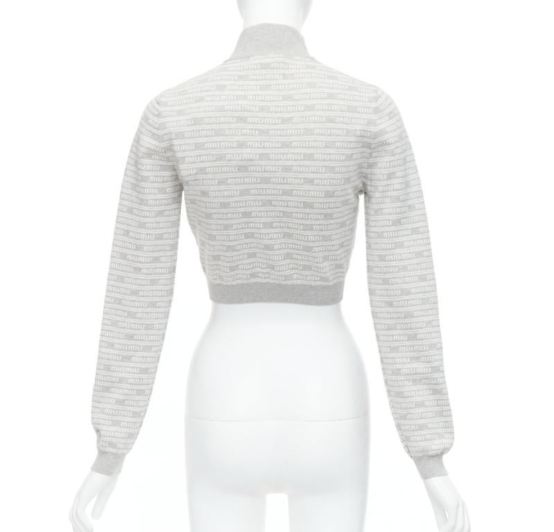 MIU MIU 2023 grey cotton blend logo jacquard zip front cropped jacket IT38 XS 1