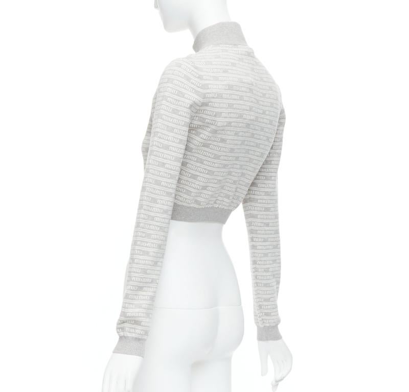 MIU MIU 2023 grey cotton blend logo jacquard zip front cropped jacket IT38 XS 2