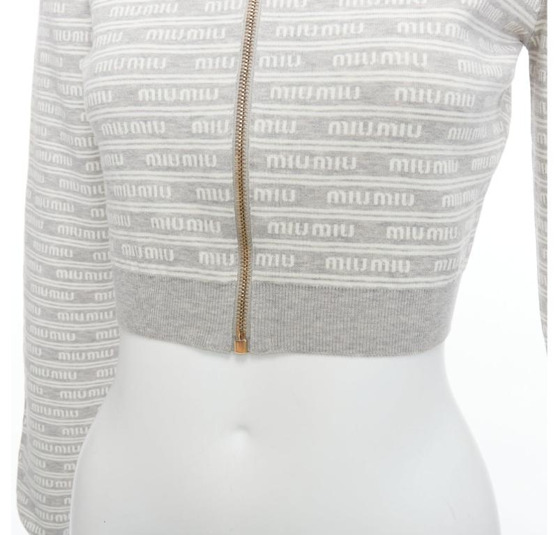 MIU MIU 2023 grey cotton blend logo jacquard zip front cropped jacket IT38 XS 3