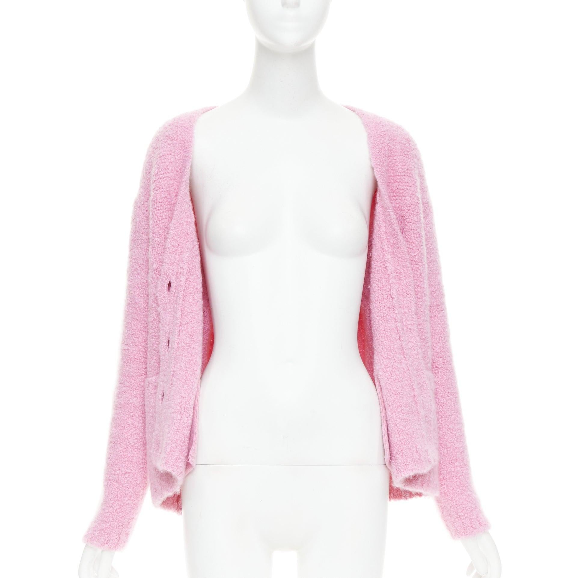 Pink MIU MIU 2023 pink cashmere boucle logo gold button cardigan IT38 XS For Sale
