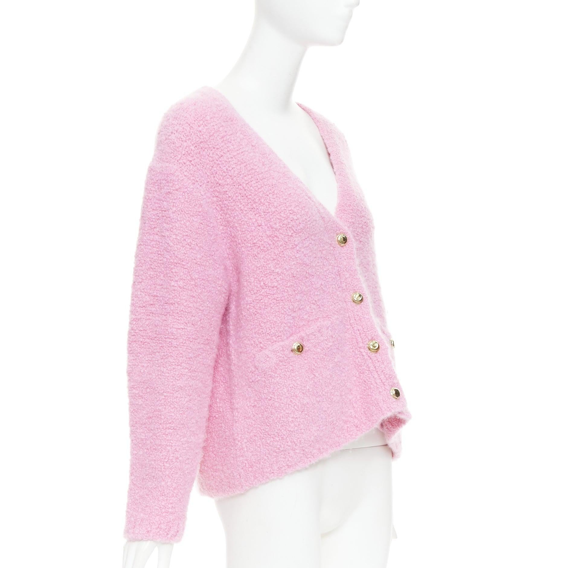 MIU MIU 2023 pink cashmere boucle logo gold button cardigan IT38 XS In Good Condition For Sale In Hong Kong, NT