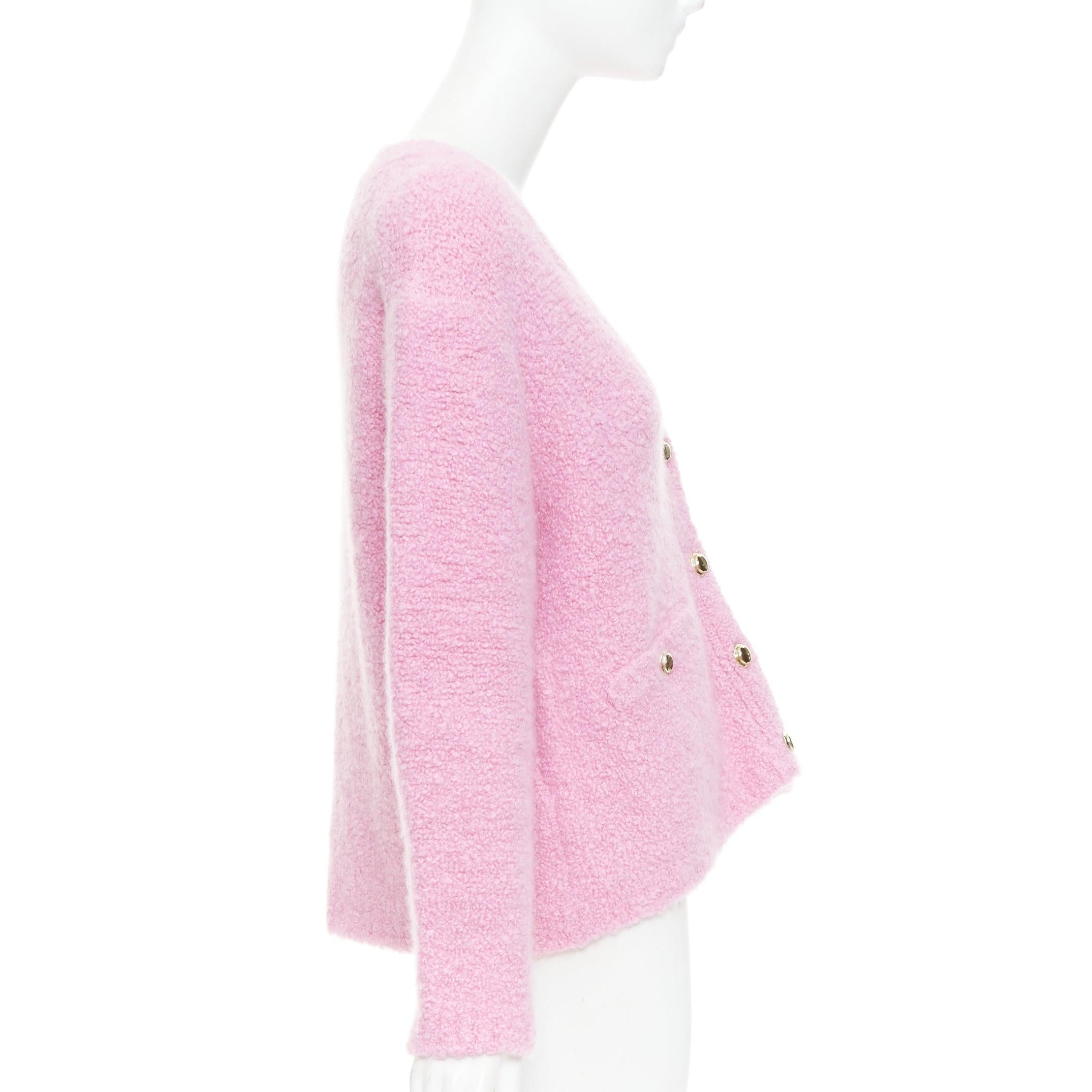 Women's MIU MIU 2023 pink cashmere boucle logo gold button cardigan IT38 XS For Sale