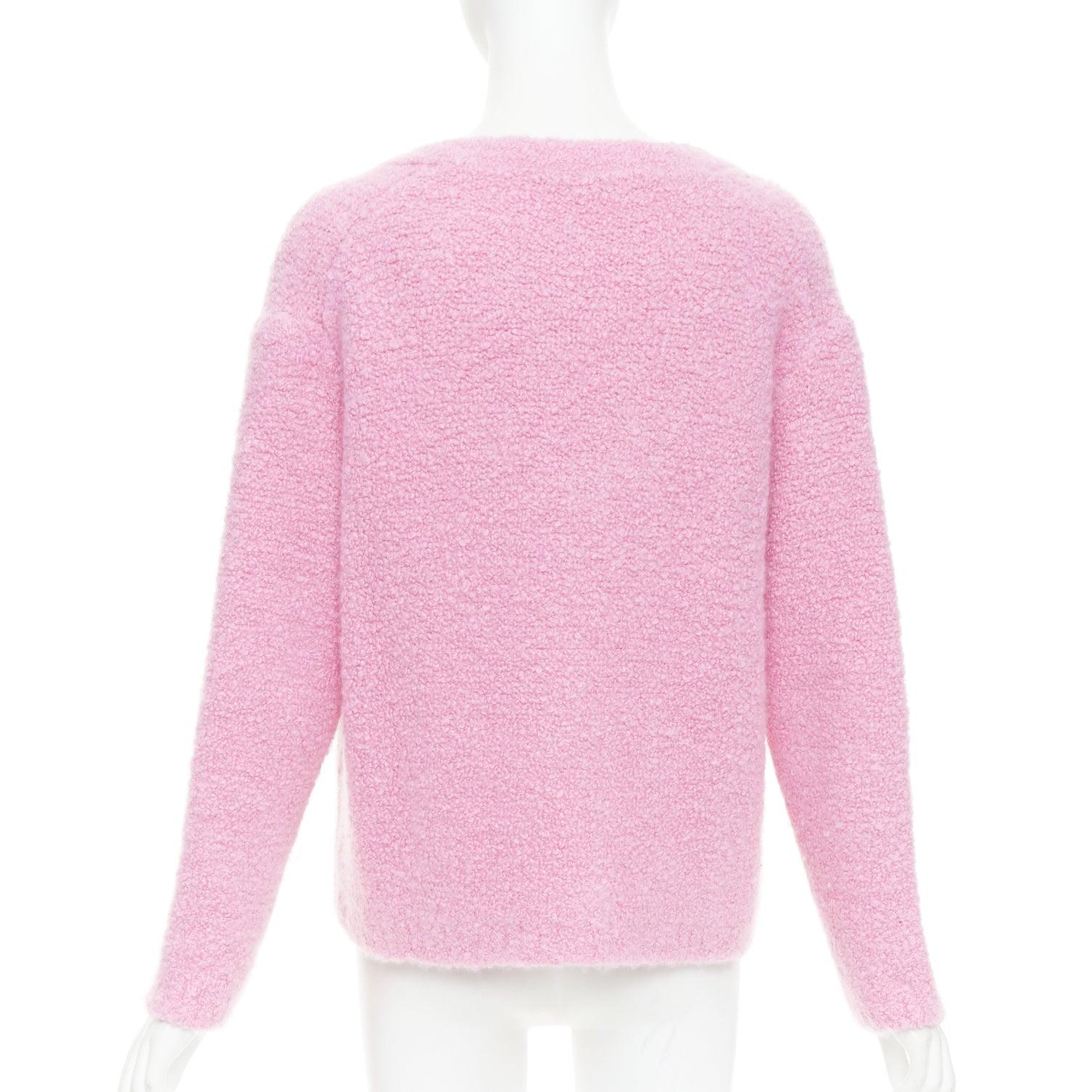 MIU MIU 2023 pink cashmere boucle logo gold button cardigan IT38 XS For Sale 1