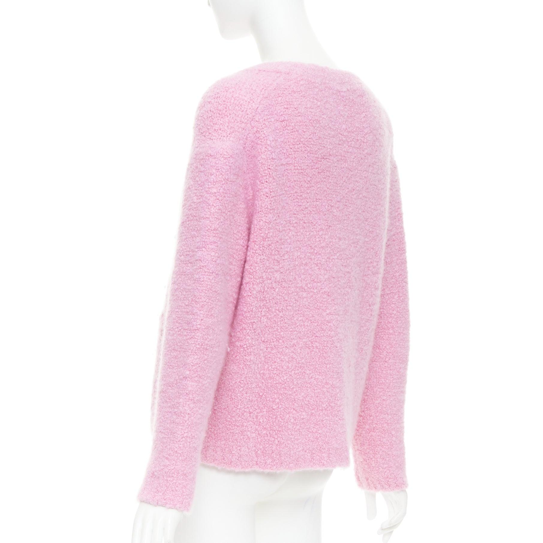 MIU MIU 2023 pink cashmere boucle logo gold button cardigan IT38 XS For Sale 2