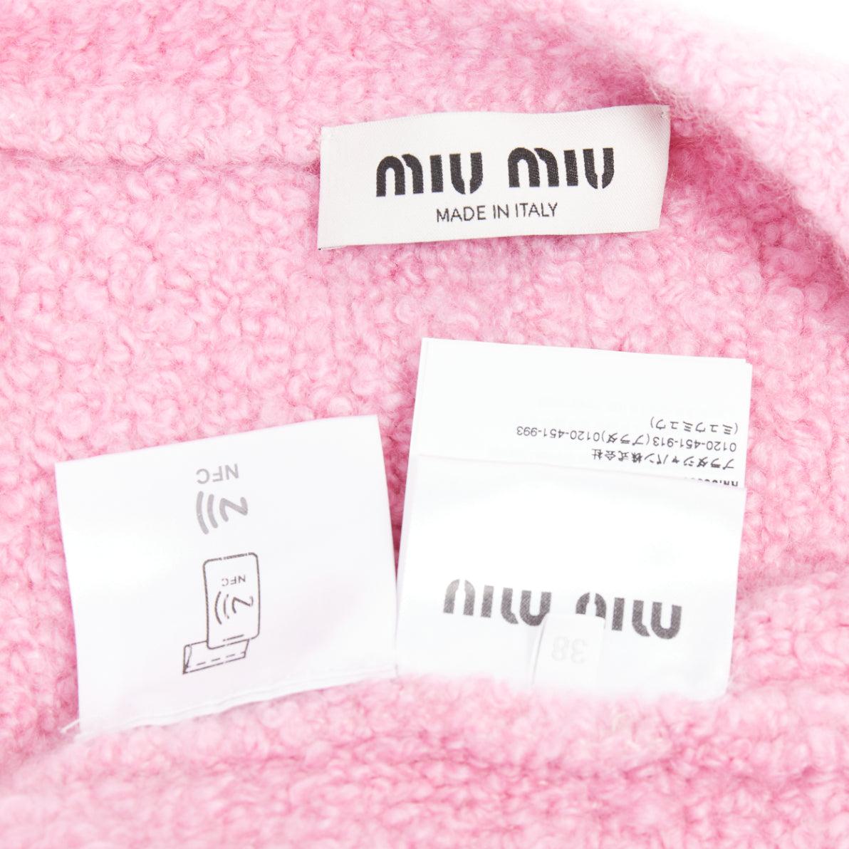 MIU MIU 2023 pink cashmere boucle logo gold button cardigan IT38 XS For Sale 3