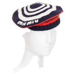 MIU MIU 2024 navy red white logo applique striped crochet knit beret hat M