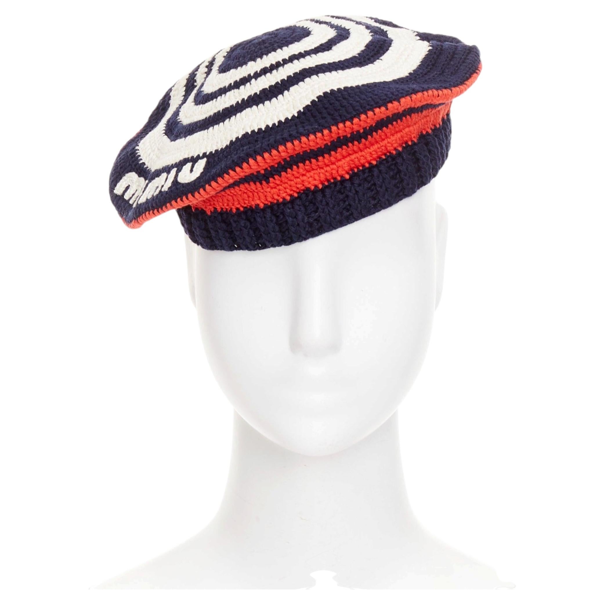 Pre-owned Miu Miu 2024 Navy Red White Logo Applique Striped Crochet Knit Beret Hat M