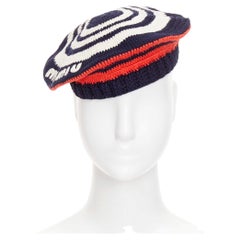 MIU MIU 2024 navy red white logo applique striped crochet knit beret hat M