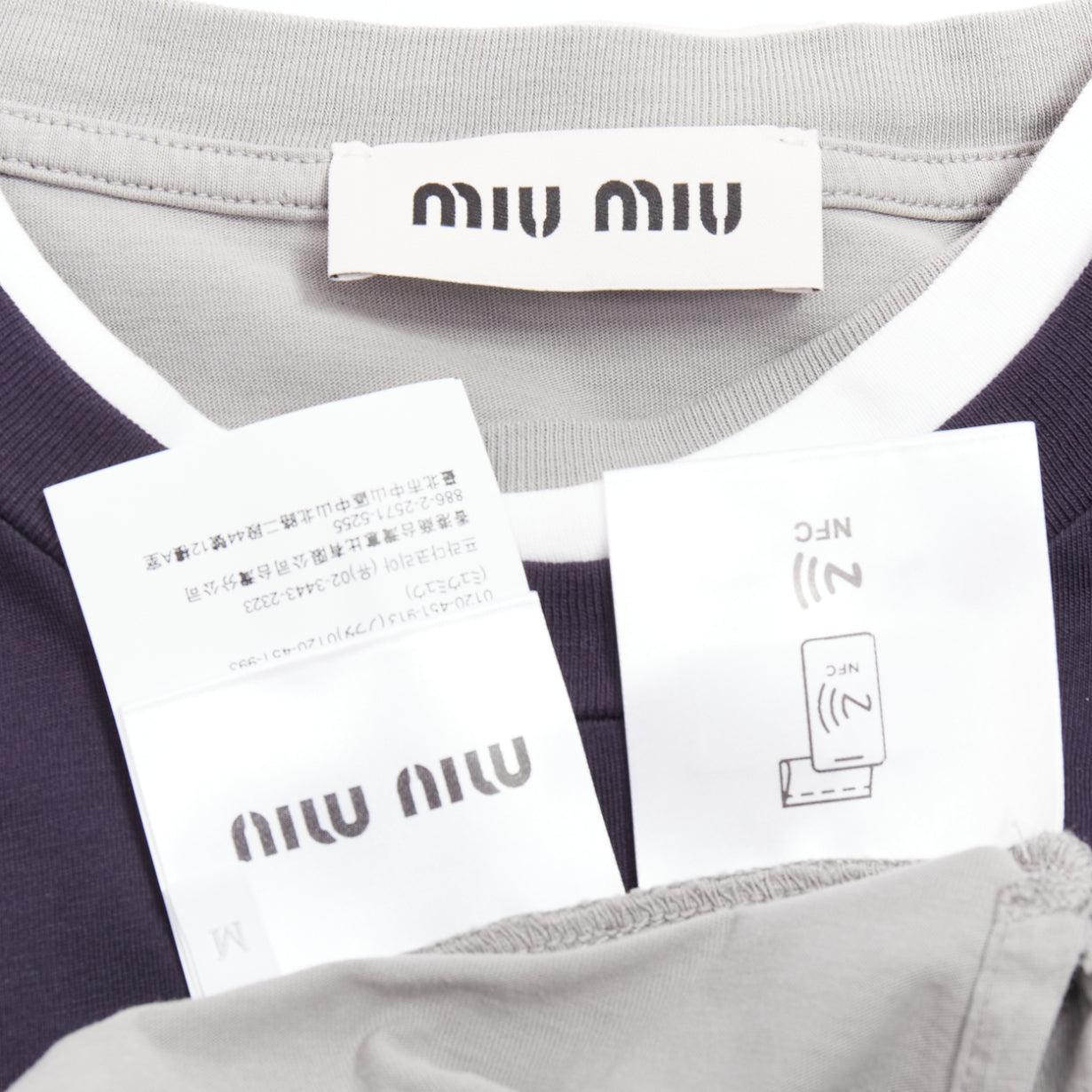 MIU MIU 2024 Lote de 3 camiseta de punto con logotipo de algodón blanco marino gris M en venta 3