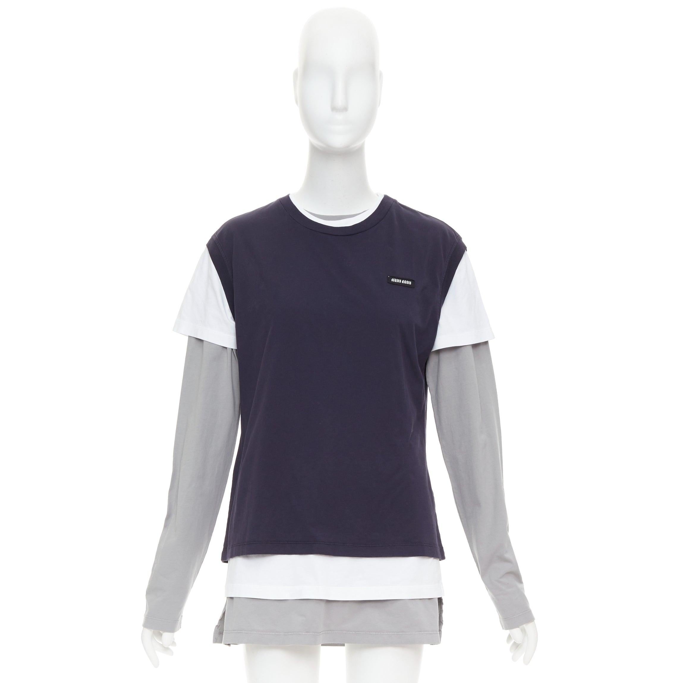 MIU MIU 2024 Lote de 3 camiseta de punto con logotipo de algodón blanco marino gris M en venta 4