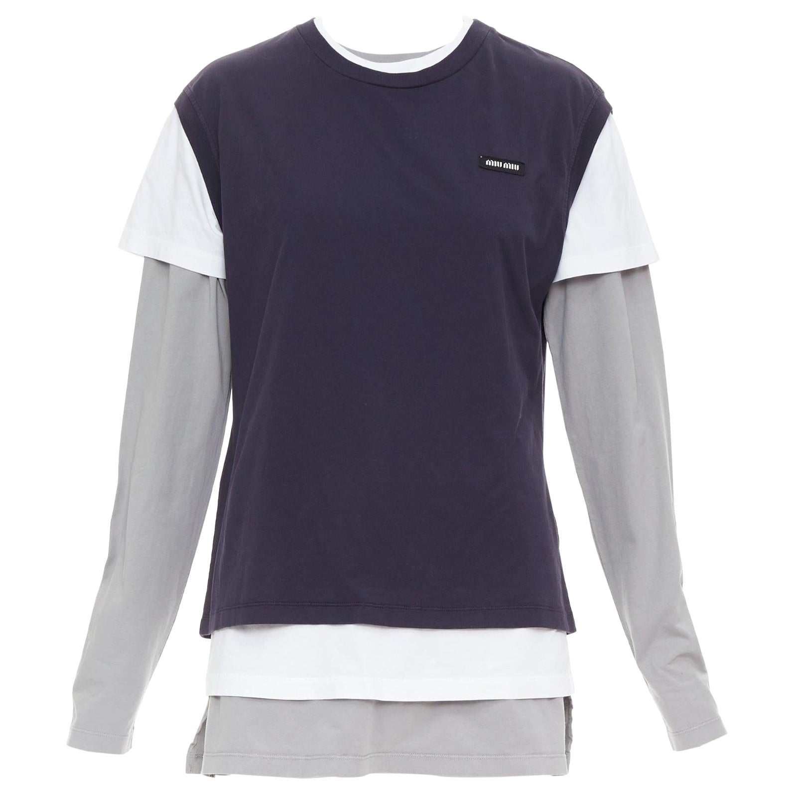 MIU MIU 2024 Lote de 3 camiseta de punto con logotipo de algodón blanco marino gris M en venta