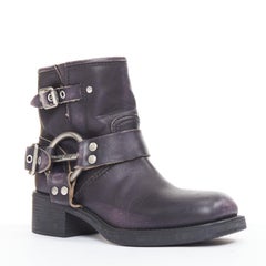 MIU MIU 2025 distressed washed black leather moto harness ankle boots EU36