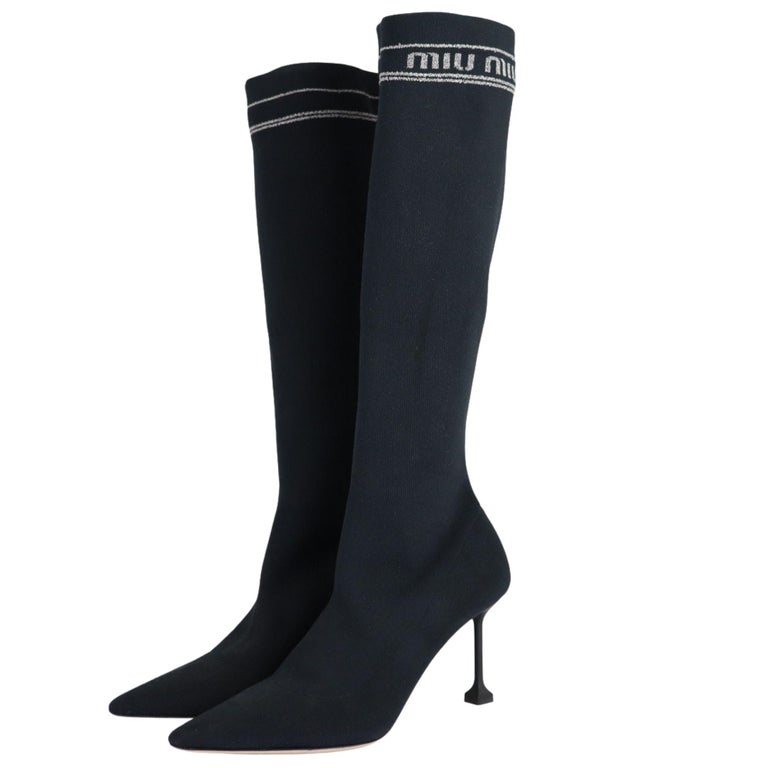 Miu Miu-38-Black Stretch Fabric Knee High Sock Boots For Sale at 1stDibs
