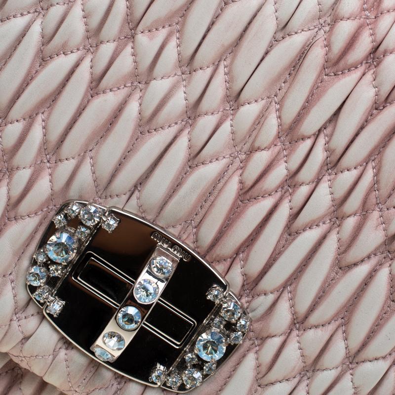 Brown Miu Miu Baby Pink Matelasse Nappa Leather Crystal Shoulder Bag