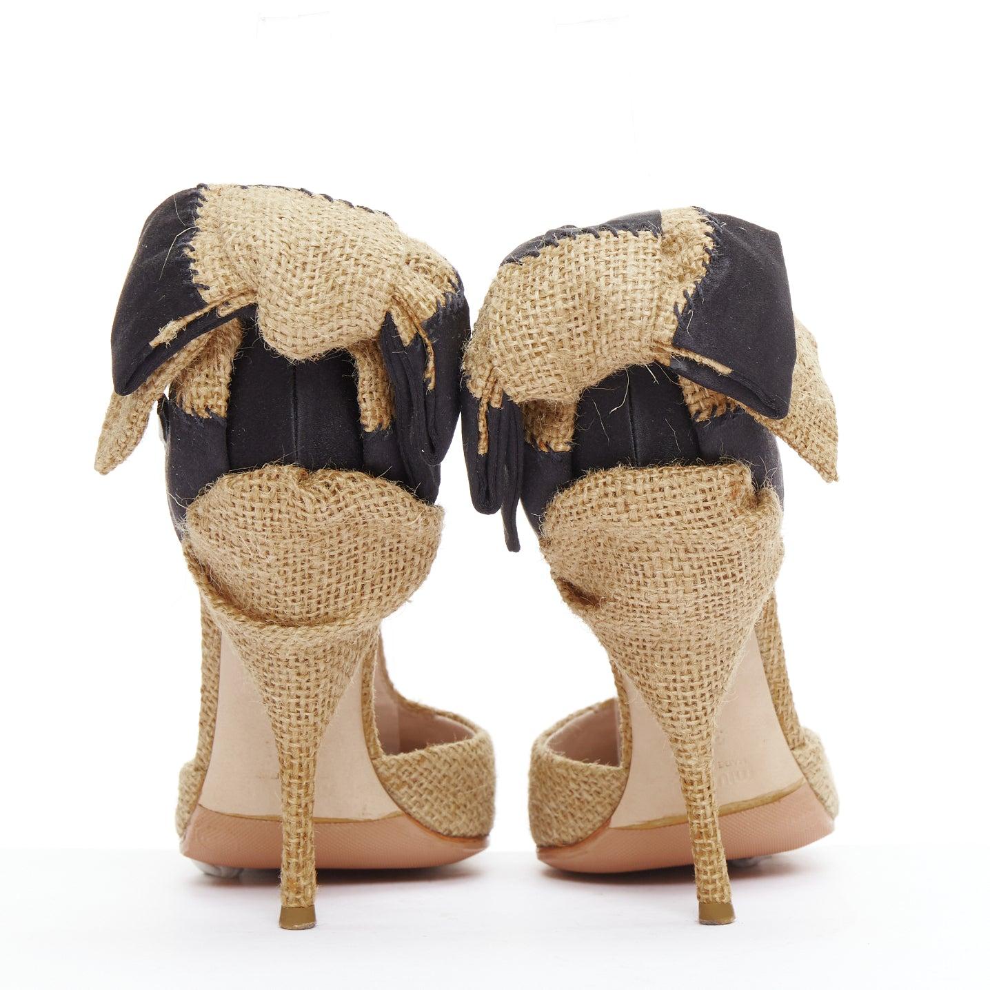 Women's MIU MIU beige black jute satin bow back t strap maryjane pumps EU37.5 For Sale
