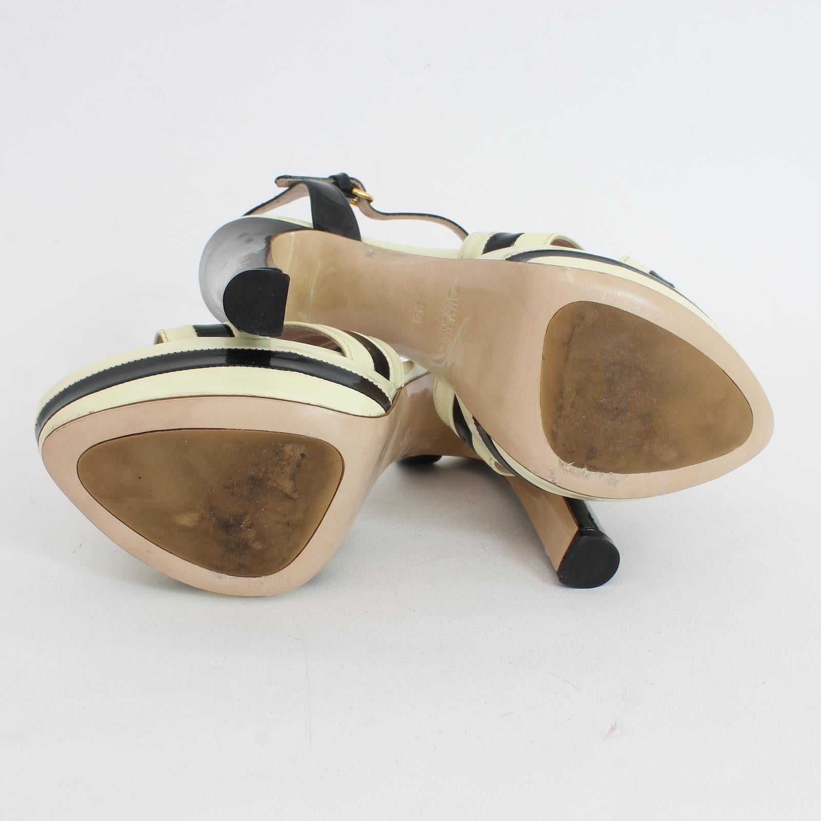 Miu Miu Beige Black Patent Leather Sandals Plateau Heel Shoes 2000s For Sale 3
