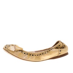 Miu Miu Beige Brogue Leather Scrunch Bow Ballet Flats Size 37.5