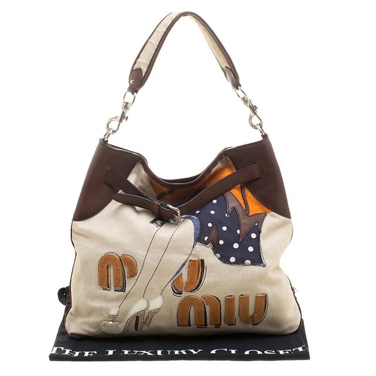 Miu Miu Beige/Brown Canvas Embroidered Shoulder Bag For Sale at 1stdibs