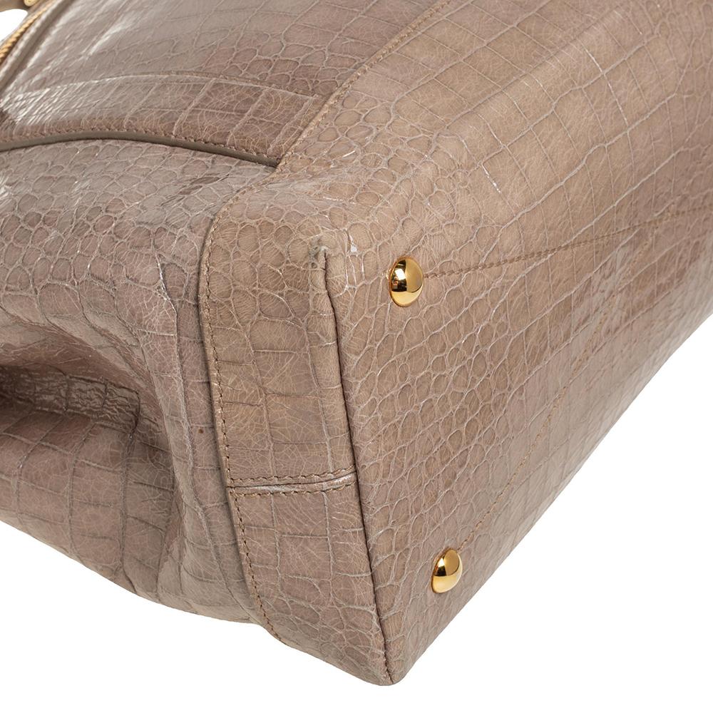 Women's Miu Miu Beige Croc Embossed Patent Leather Front Zip Tote