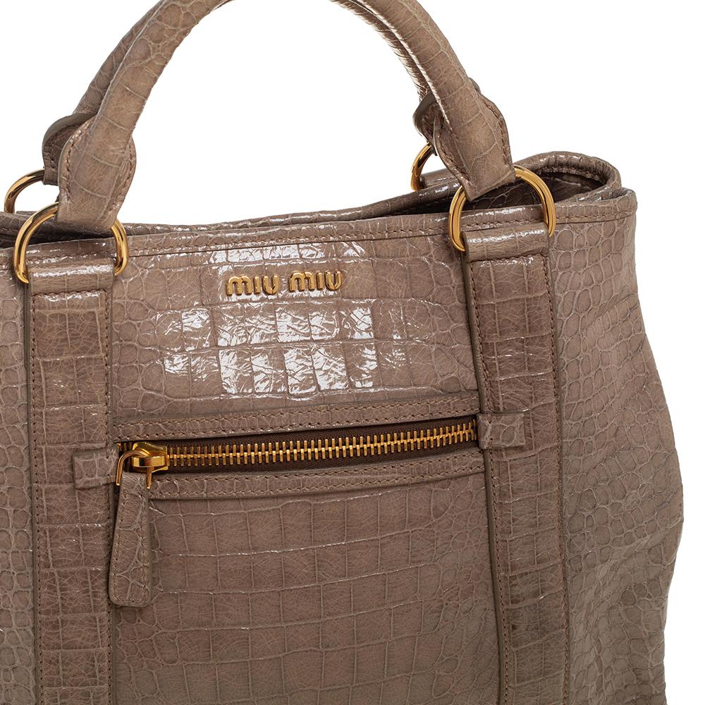 Miu Miu Beige Croc Embossed Patent Leather Front Zip Tote 2