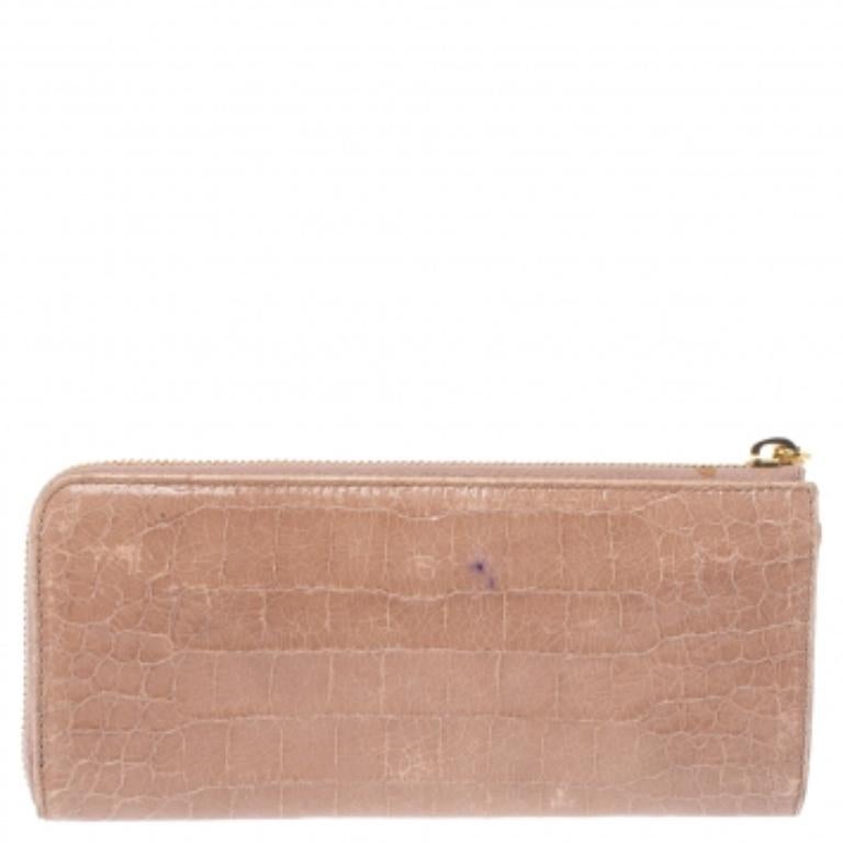Miu Miu Beige Croc Embossed Patent Leather Zip Around Wallet For Sale 1