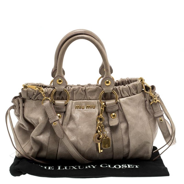 Miu Miu Beige Glazed Leather Luxe Ruched Top Handle Bag For Sale at 1stDibs