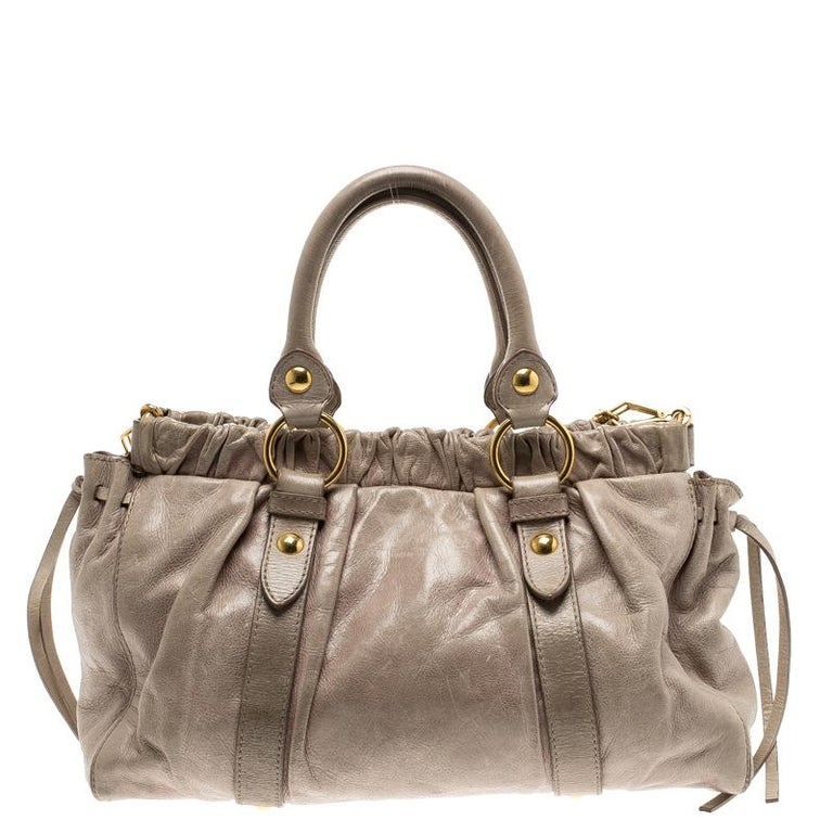 Miu Miu Beige Glazed Leather Luxe Ruched Top Handle Bag For Sale at 1stDibs