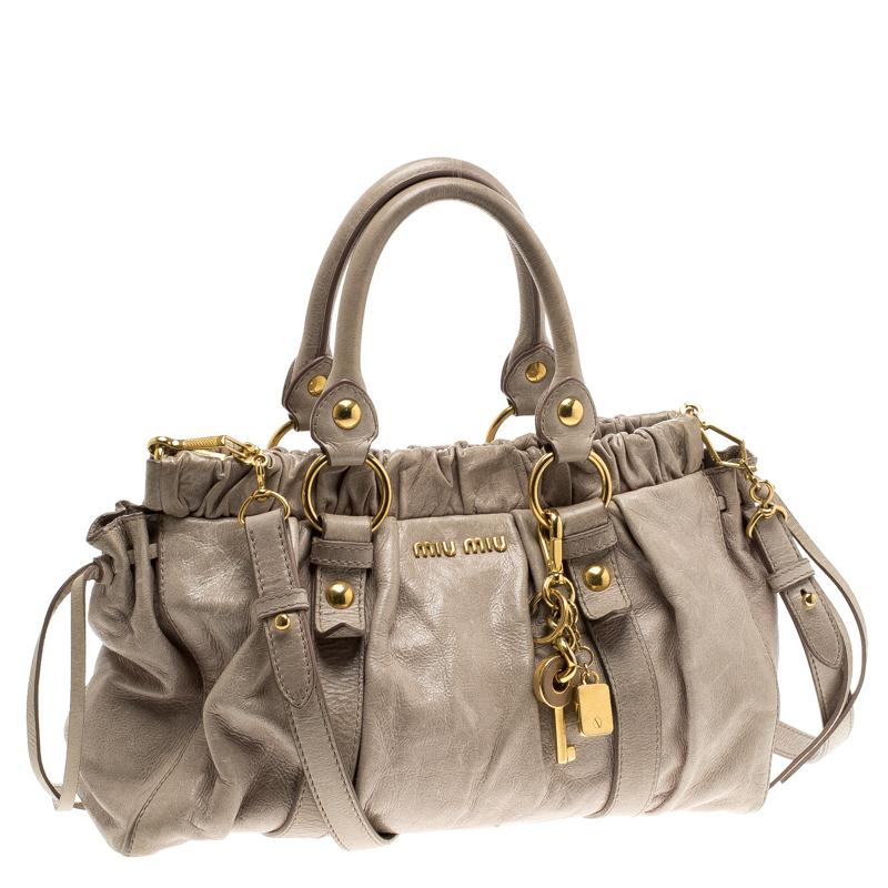 Women's Miu Miu Beige Glazed Leather Luxe Ruched Top Handle Bag