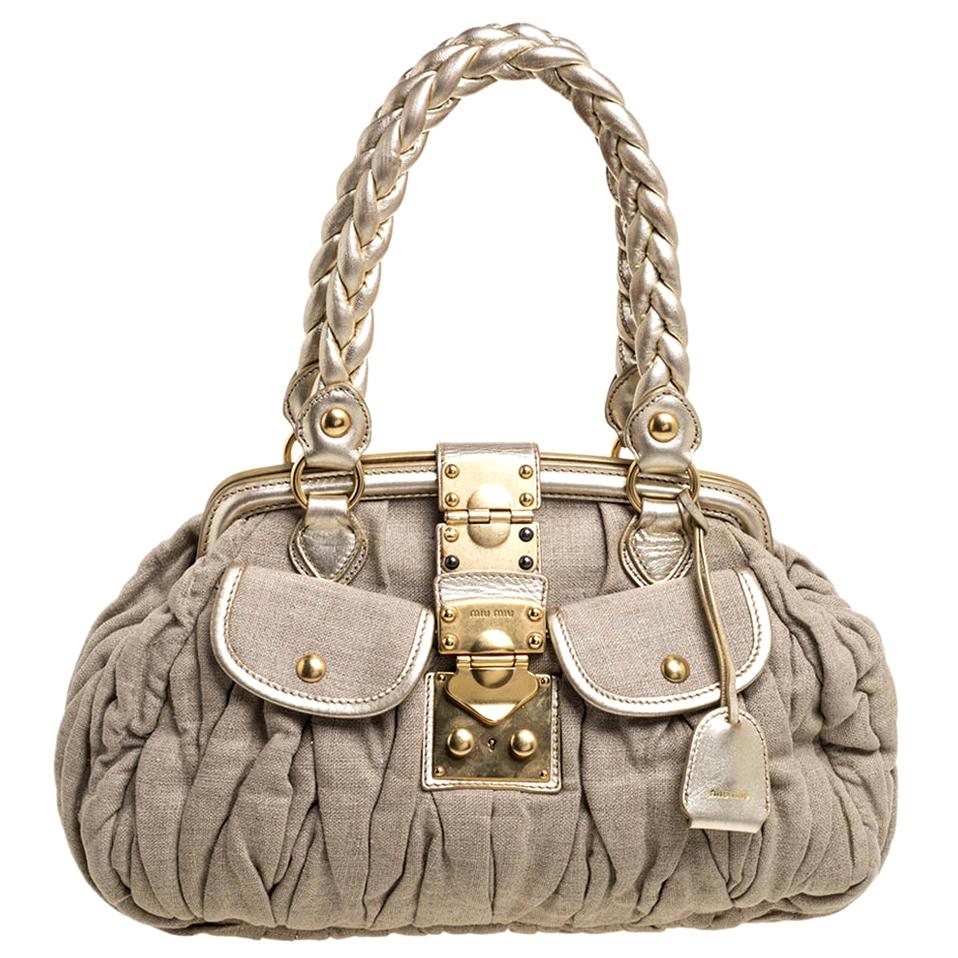 Miu Miu Beige/Gold Matelasse Canvas and Leather Satchel