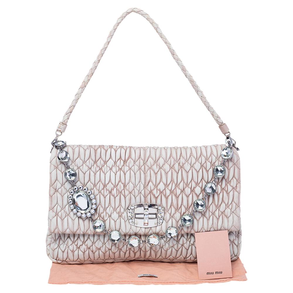 Miu Miu Beige Leather Crystal Embellished Matelassé Shoulder Bag 5